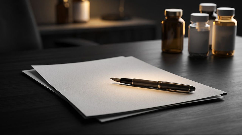 Black and white scientific desk with FDA guidance document, pen, and blurred supplement bottles under warm gold accent light