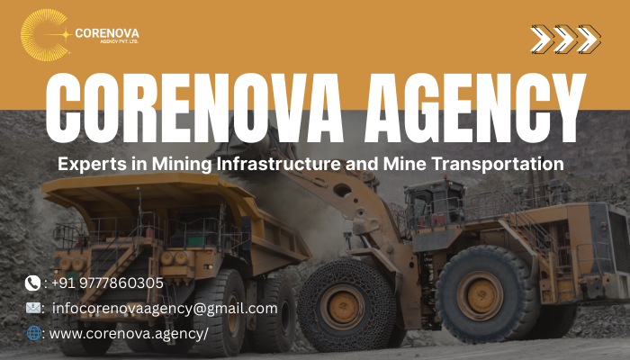CoreNova Agency banner showcasing heavy mining machinery with text highlighting expertise in mining infrastructure and mine transportation, along with contact details and company logo.