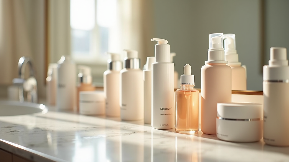 Eye-level view of skincare products arranged neatly on a vanity