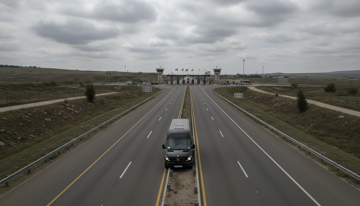 High-angle view of a passenger vehicle travelling on a highway toward a distant border crossing