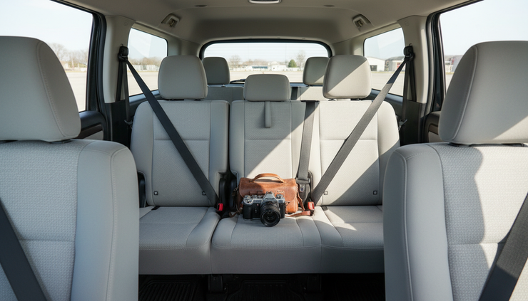 Eye-level view of a spacious vehicle interior with seat belts visible in each row.