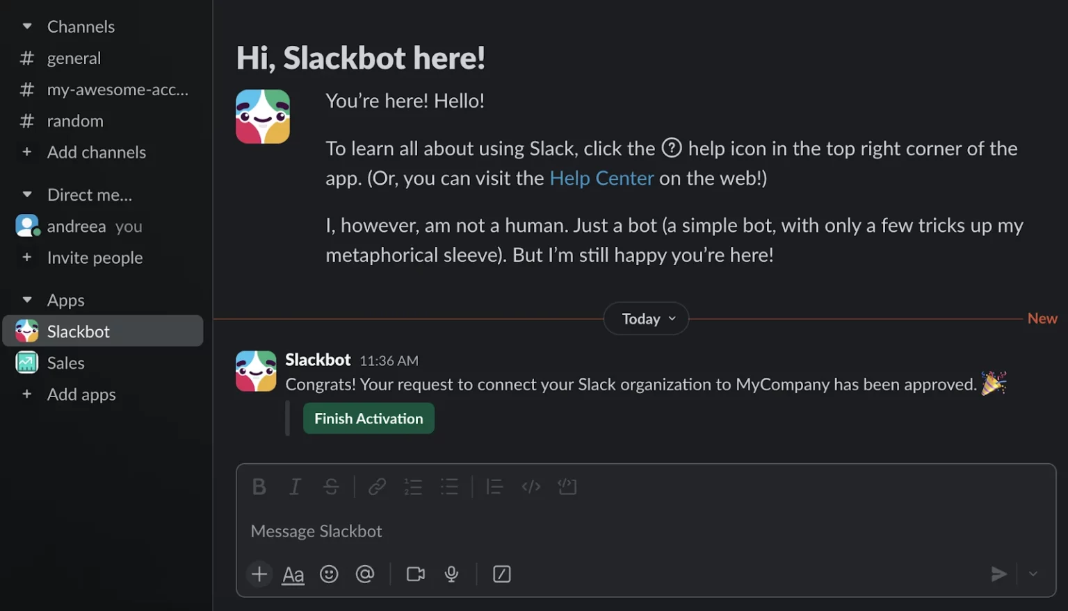 Sử dụng Slackbot được tích hợp trong Slack