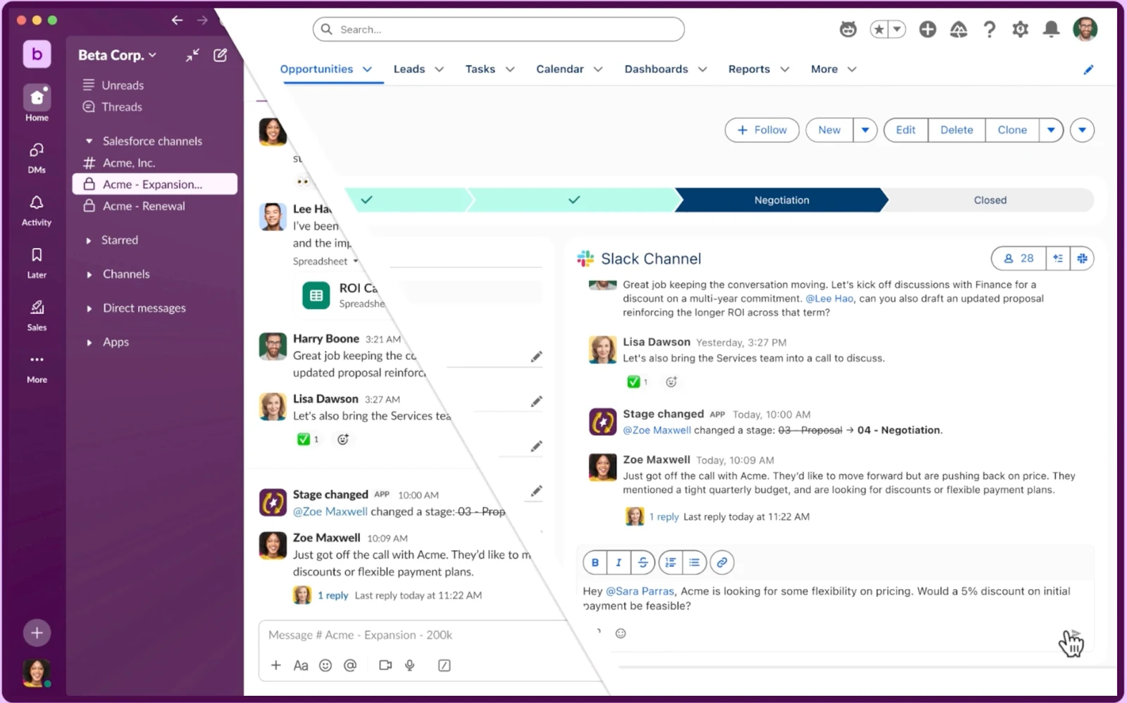 Giao diện Slack, hiển thị thanh bên với các kênh ở bên trái và cuộc trò chuyện về đàm phán ở bên phải.
