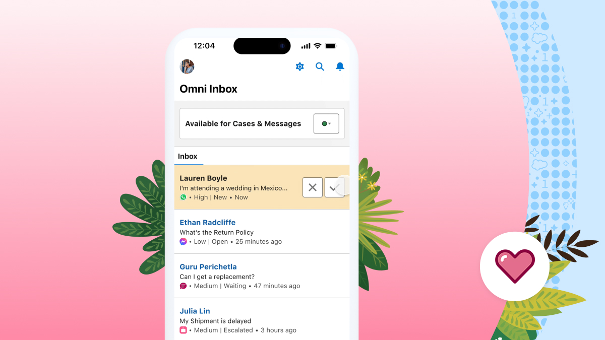 Điện thoại hiển thị Omni Inbox với tin nhắn từ Lauren Boyle: "I'm attending a wedding in Mexico." Nền hồng, lá xanh và biểu tượng trái tim.