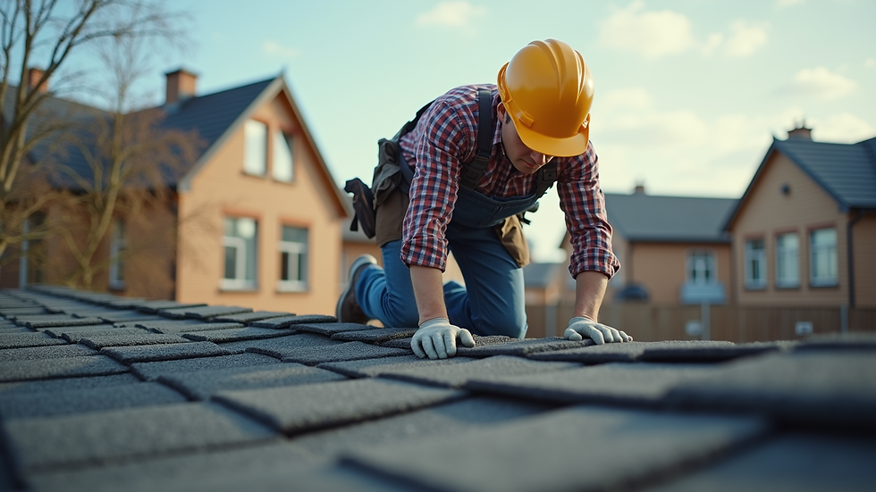 Eye-level view of roofing contractor inspecting a residential roof