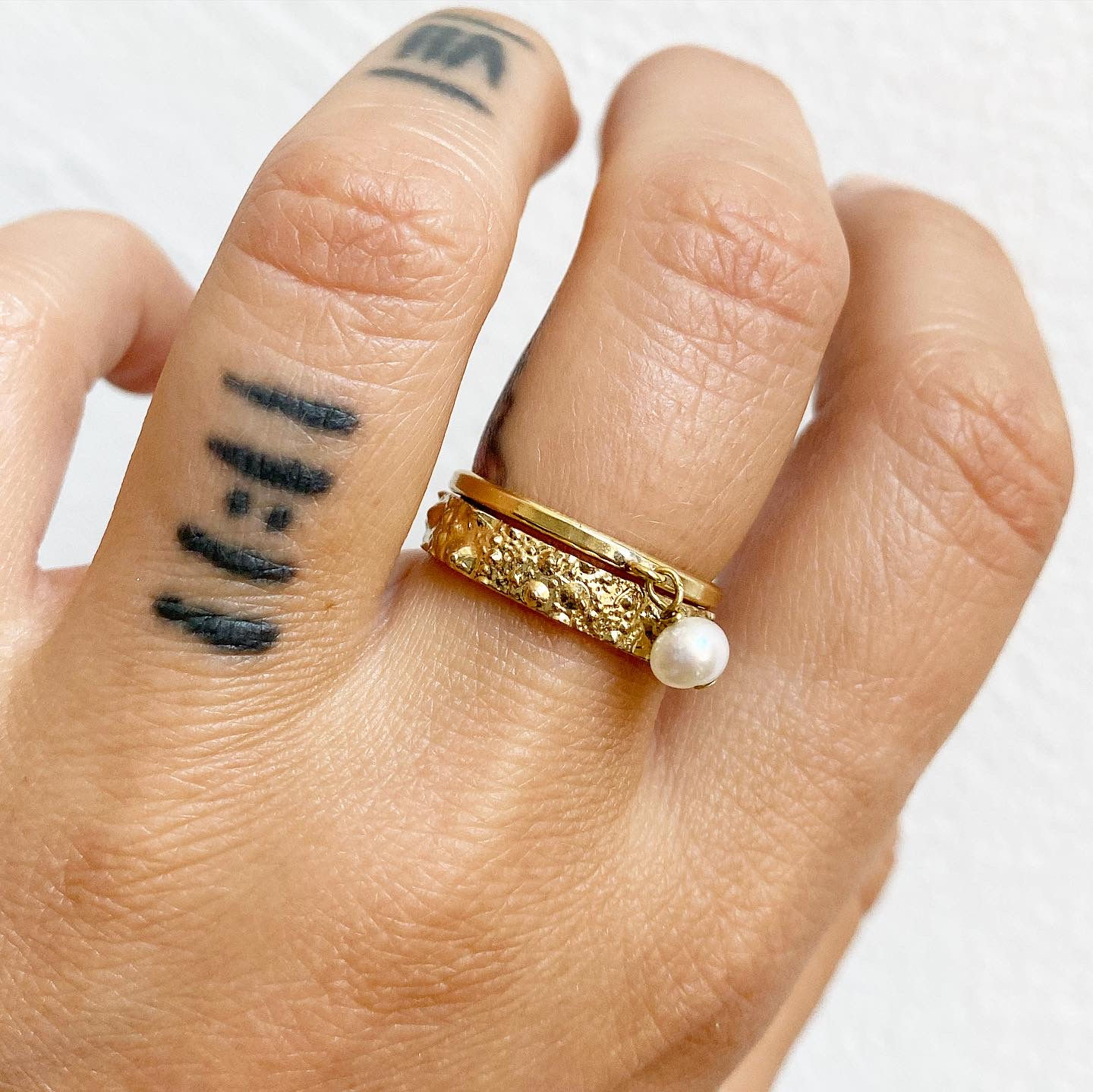 Urchin Band with Dangle Pearl Stacker Set Rings