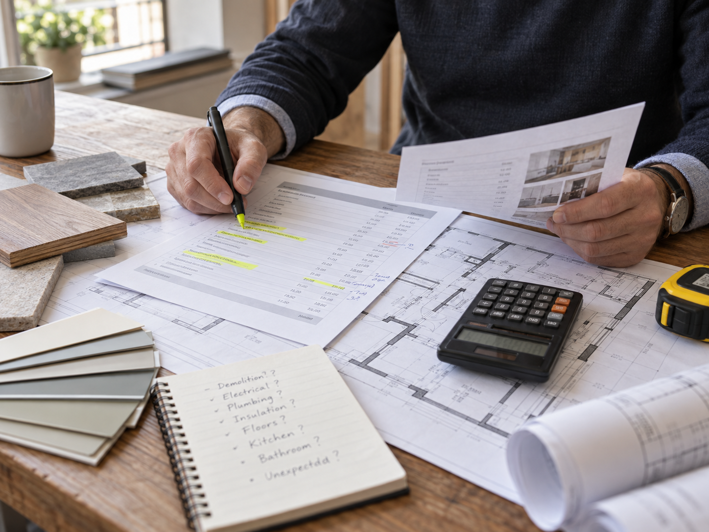 Valutazione dei costi di ristrutturazione con planimetria, computo, calcolatrice e campioni di materiali