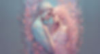 A man and woman embrace with eyes closed, surrounded by pink and purple flowers on a soft blue background, creating a serene and romantic mood.