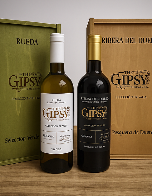 Botellas de vino The Gipsy Wine Crianza y Verdejo de Bodegas Pinord, colección premium española.