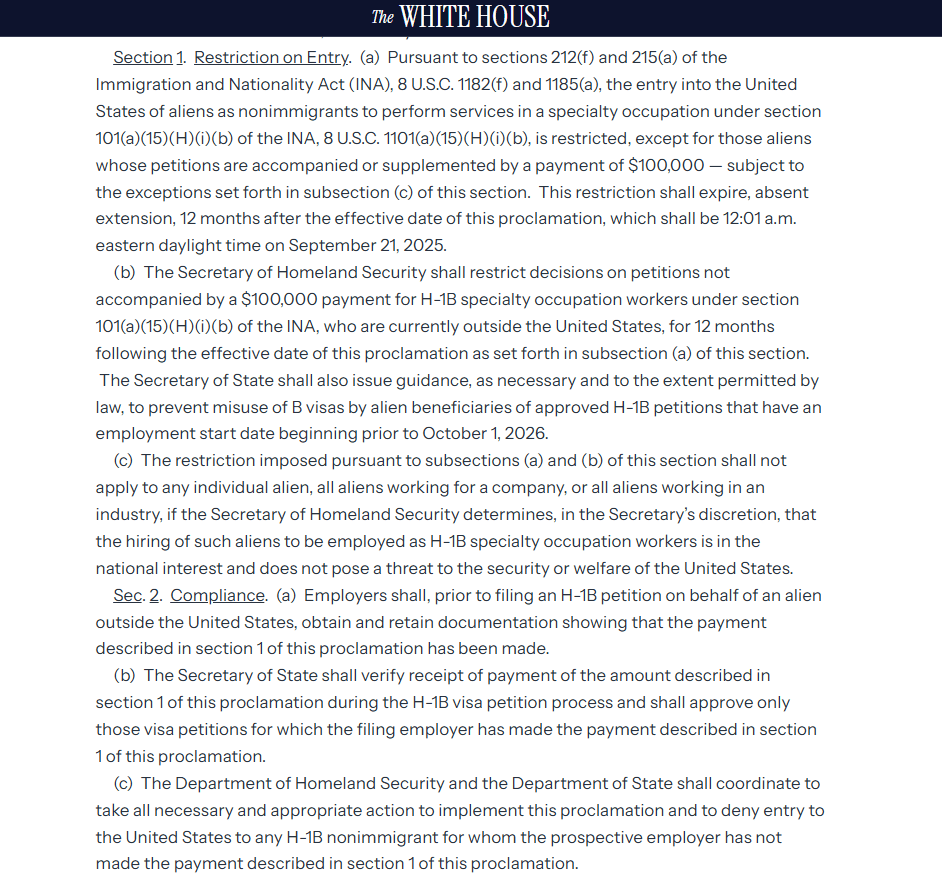 H1B 100K Executive Order