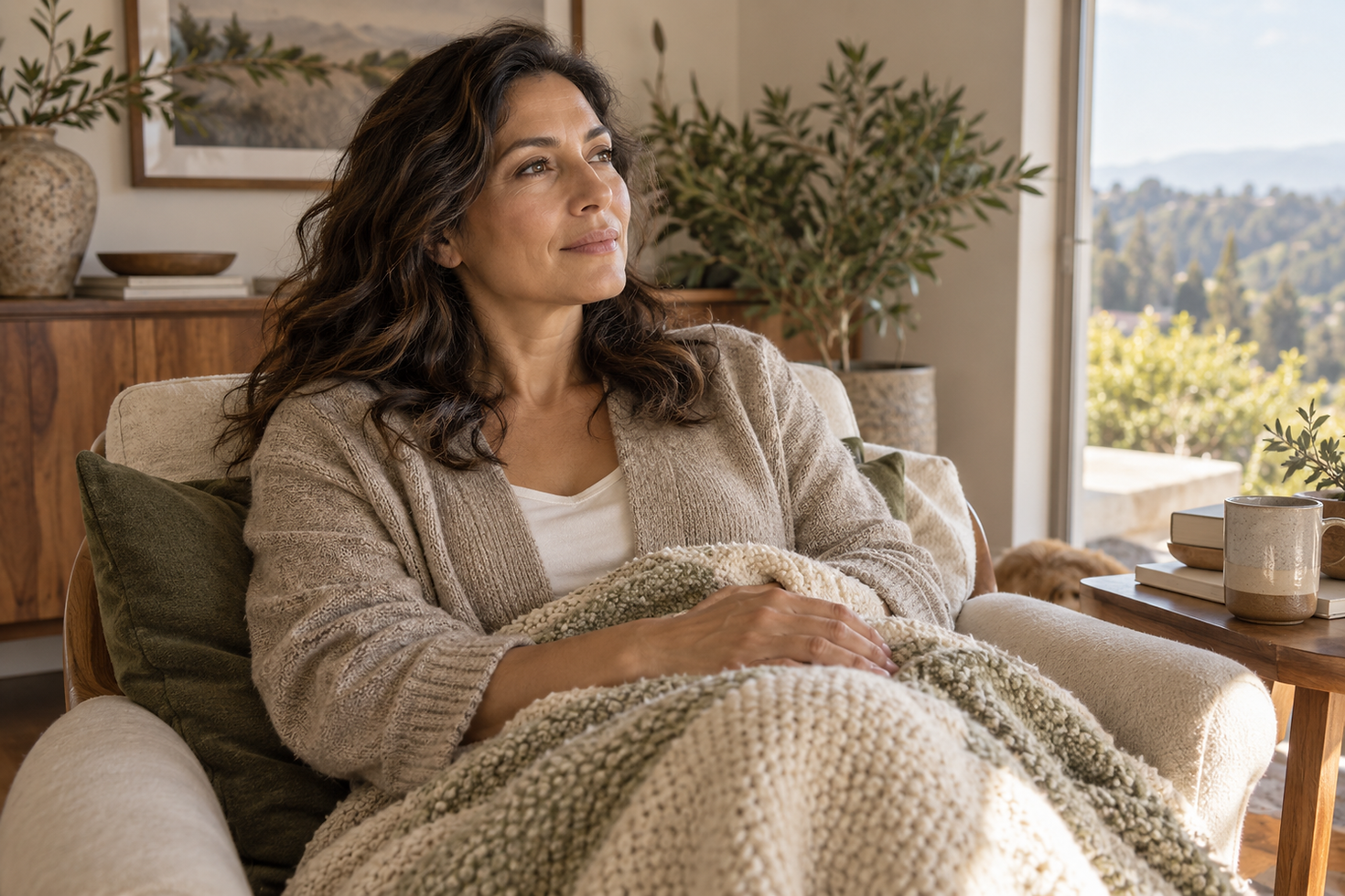 A woman resting comfortably in a chair during a quiet moment of self-care.
