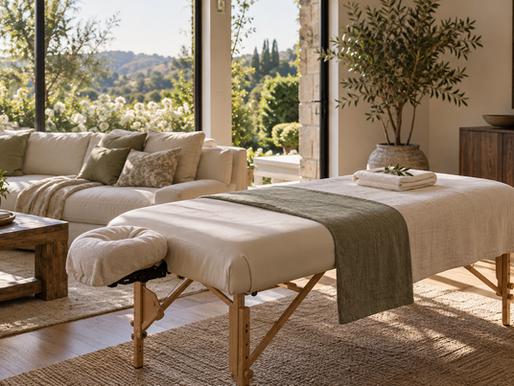 A linen-covered massage table in a bright, quiet living room.