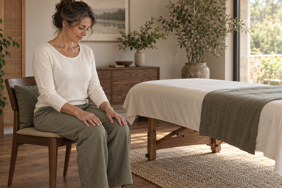 A woman seated beside a massage table with her hands resting comfortably on her knees.