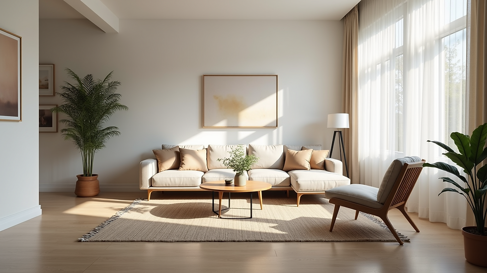 Eye-level view of a neatly staged living room with neutral decor