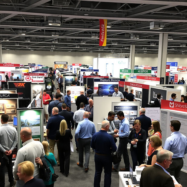 busy tradeshow with exhibitors talking to attendees showcasing their products and services