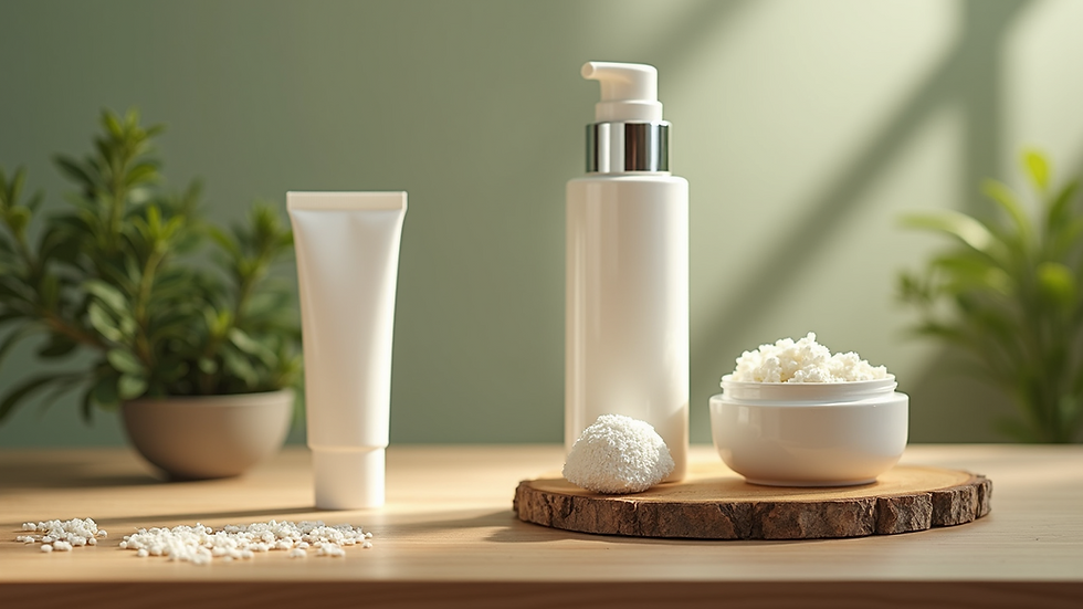 Close-up view of natural skincare products on wooden surface