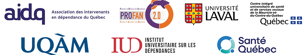 Logos des partenaires de CollabConnex : AIDQ, PROFAN 2.0, Université Laval, UQAM, Institut universitaire sur les dépendances (IUD) et Santé Québec.