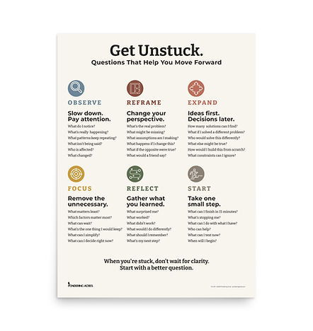 Cover of the "Get Unstuck" poster, featuring questions that help move ideas into action.