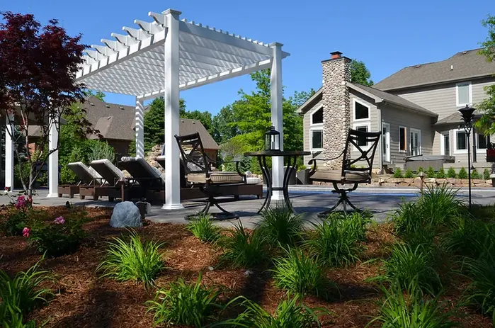 Poolside Patio with Pergola and Planting Beds