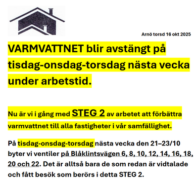 Varmvattnet stängs av tis-ons-tors i nästa vecka den 21-23 oktober