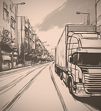 A haulage truck pink and deep green  bri