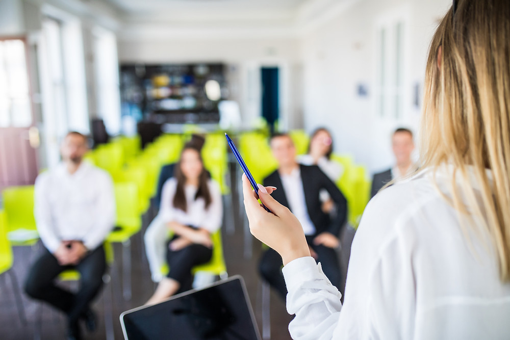 A businesswoman gives a presentation to a group of colleagues who are sat in front of her