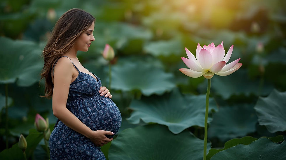 Pregnant lady with background having lotus flower. Need a aesthetic image. Without showing