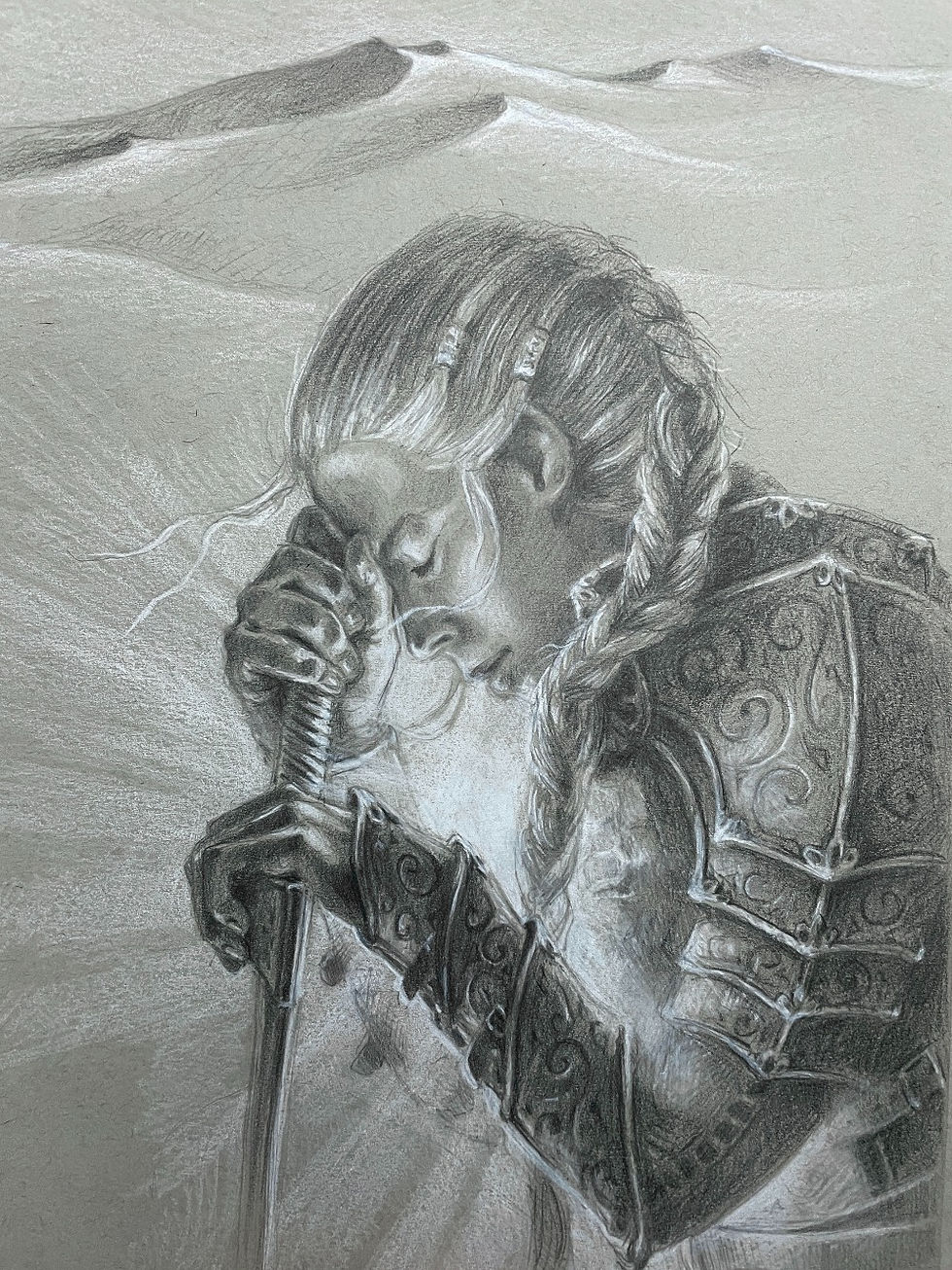 Rowan Calling on the Spirits of the Winged Ones, graphite and pencil crayon on toned paper. fantasy drawing by Kindrie Grove