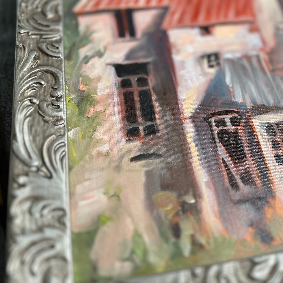 Old French Village painting by Kindrie Grove , detail with frame.