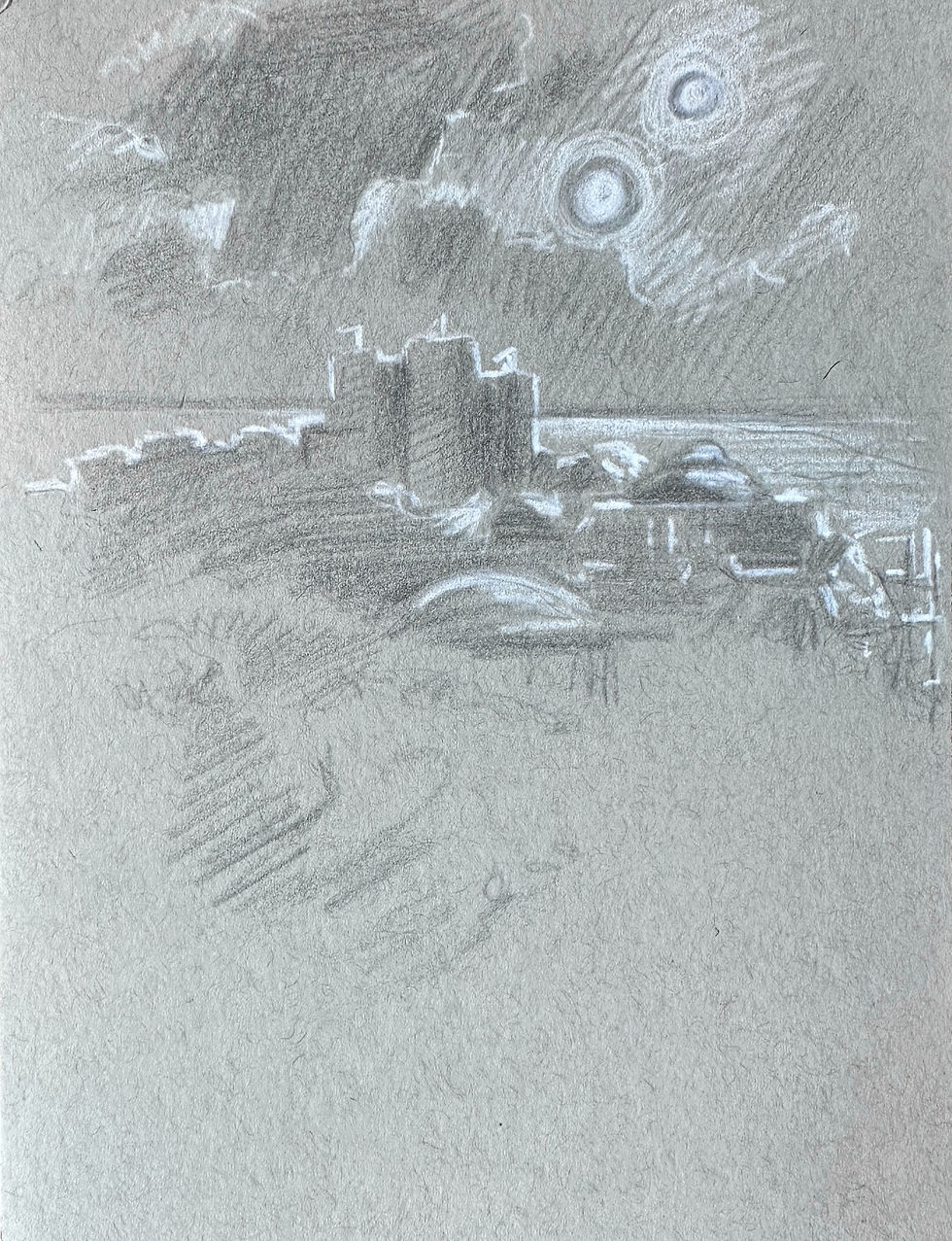 Quick Study of Pellaris at Night, graphite and white Prismacolor on toned paper, fantasy book illustration by Kindrie Grove
