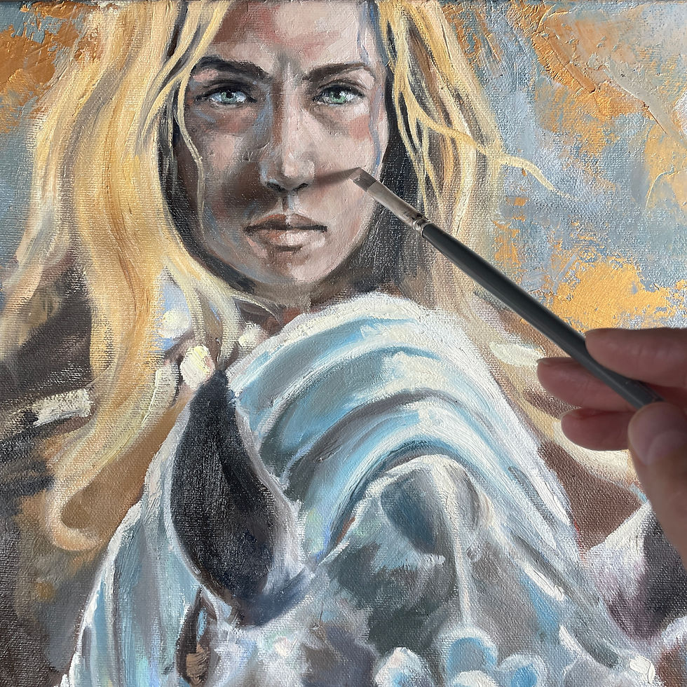 Detail with hand holding brush painting by Kindrie Grove
