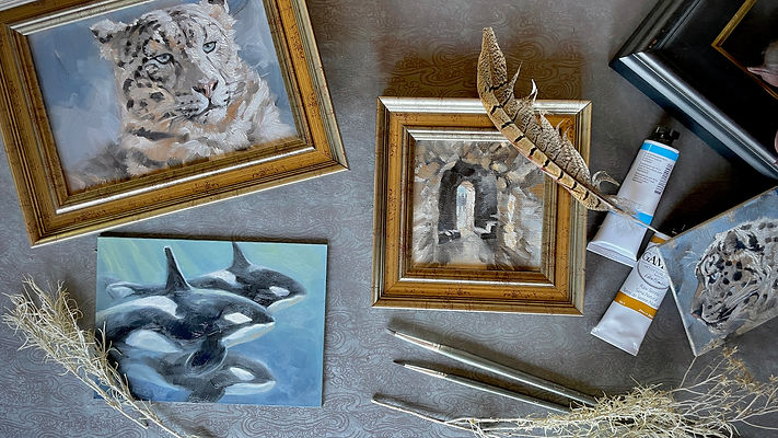 Flatlay of mini paintings by Kindrie Grove