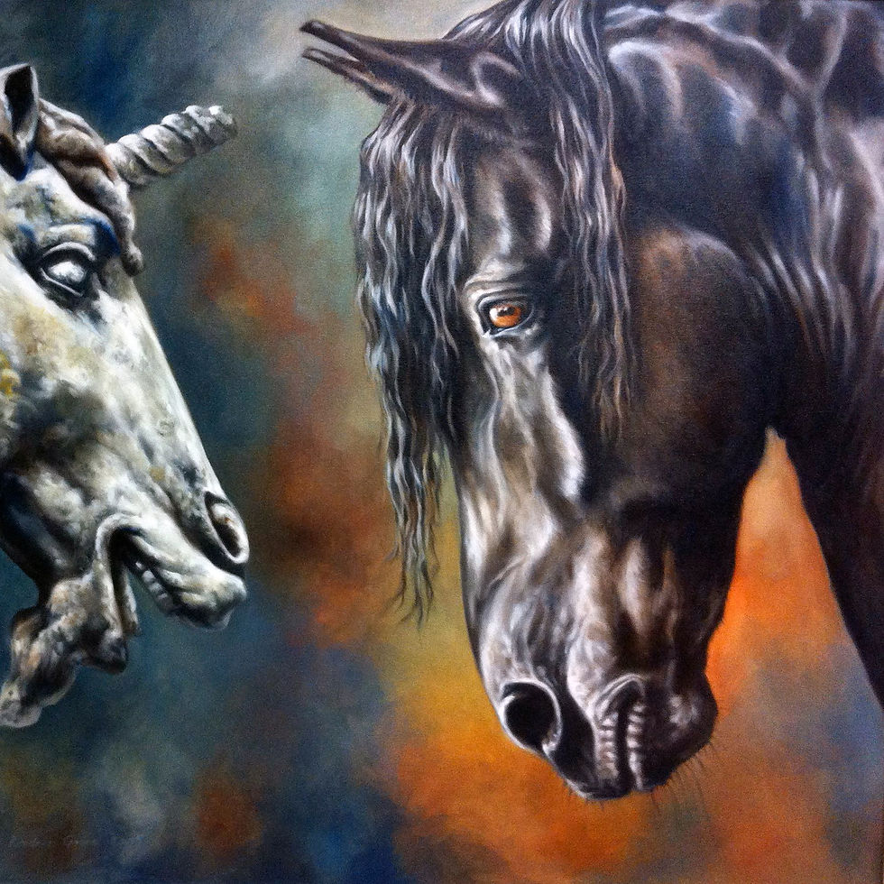 Thumbnail: Black Warrior, oil painting of a Friesian and stone Unicorn by Kindrie Grove, detail