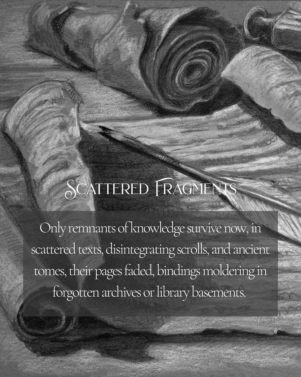 Drawing of ancient manuscripts and scrolls with and ink bottled and a feather pen by Kindrie Grove