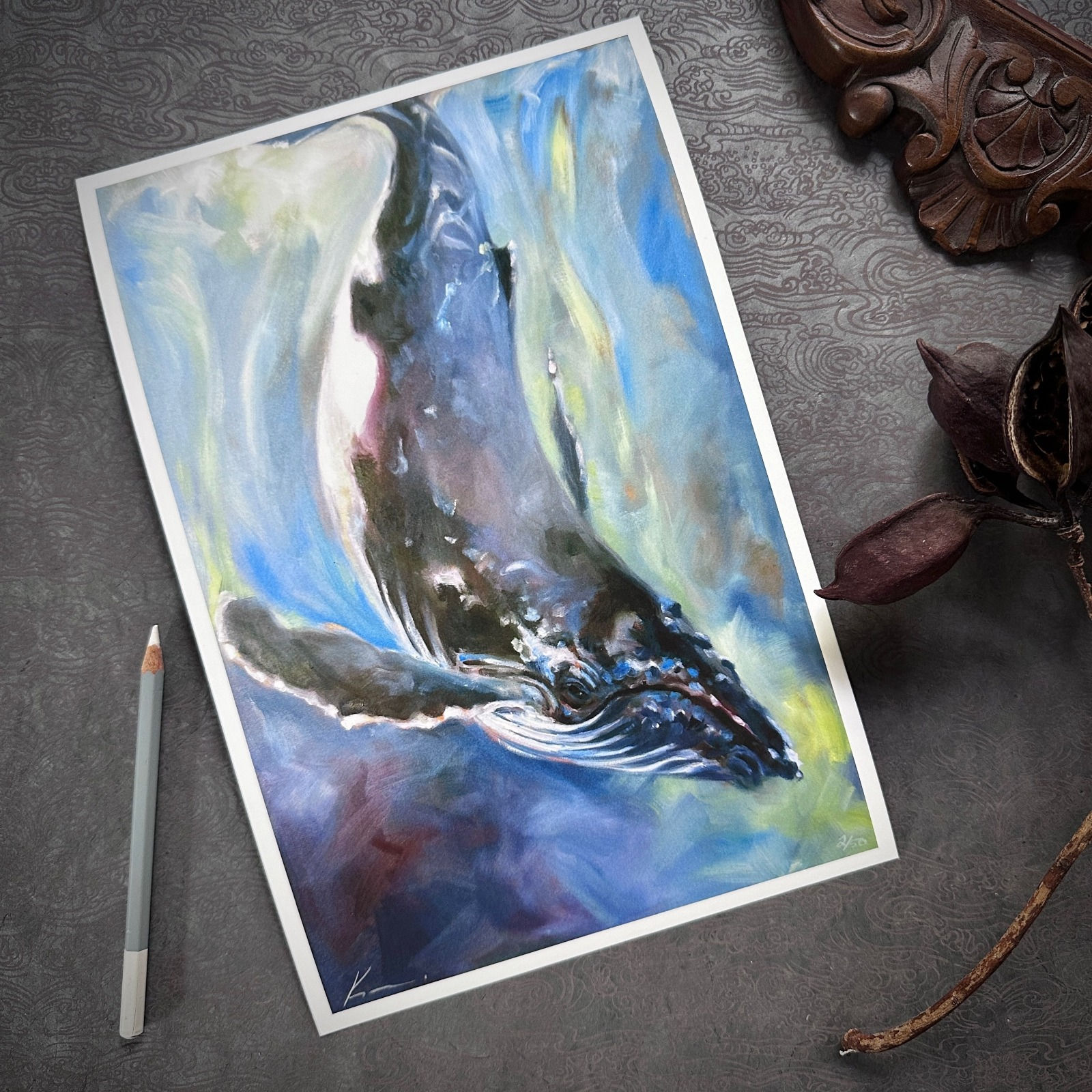 Commitment, diving humpback whale print by Kindrie Grove