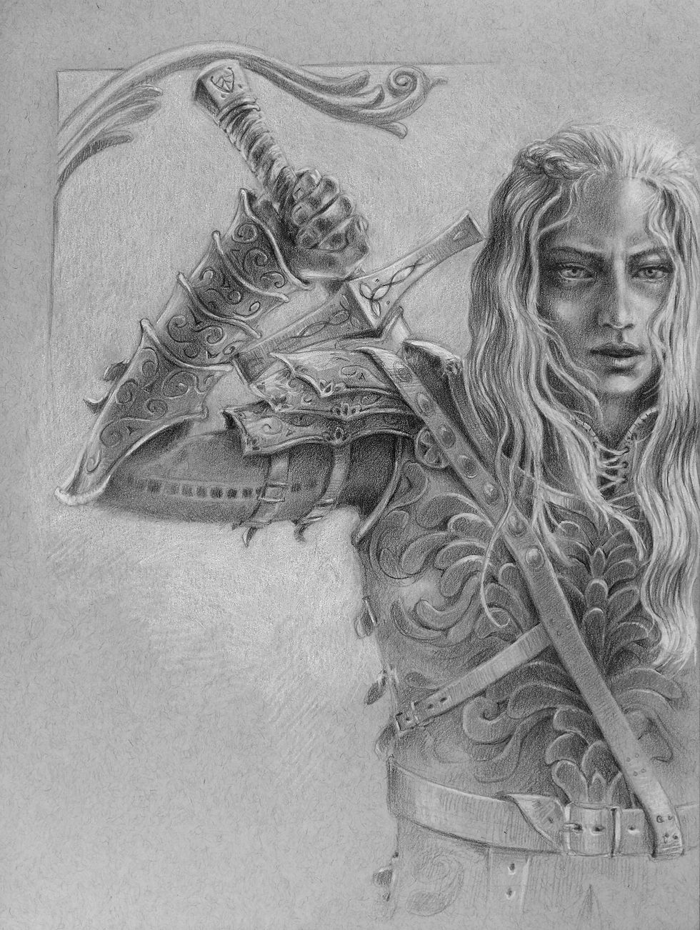 image of a a drawing of mountains and forests with leather bound books, pencils a candle and a wax seal