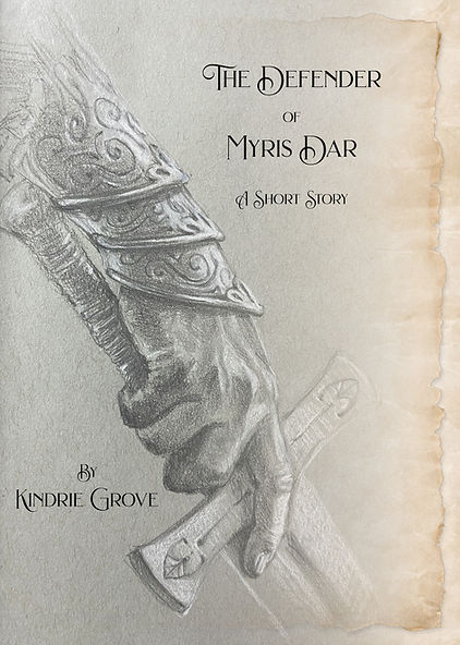 Fantasy short story book cover: Defender of Myris Dar, image of a woman's hand holding the hilt of a sword