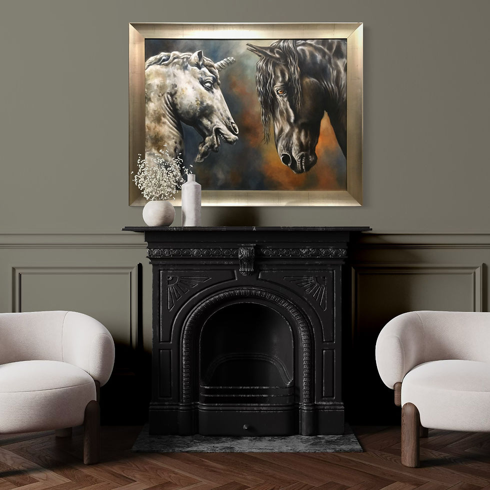 Thumbnail: Black Warrior, oil painting of a Friesian and stone Unicorn by Kindrie Grove, situational view