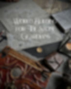 Image of maps and leather bound books with a candle and writing implements, images and drawings by Kindrie Grove for The Stone Guardians