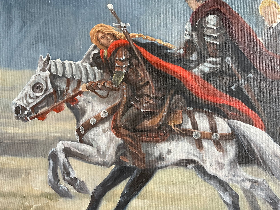 Detail of oil painting for Flight Toward the Marches, wip by Kindrie Grove
