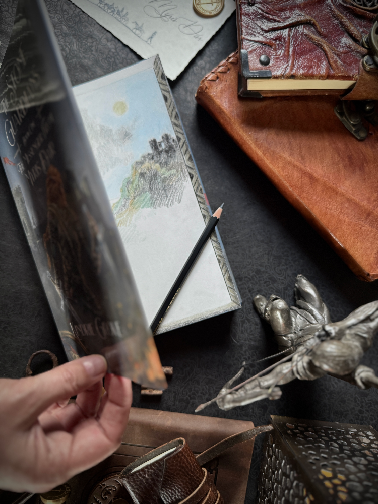 sketchbooks, leather bound books and drawings.