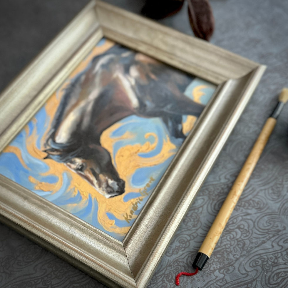 Thumbnail: Promise of Potential, oil painting of a young horse by Kindrie Grove, framed flat lay with brush for scale