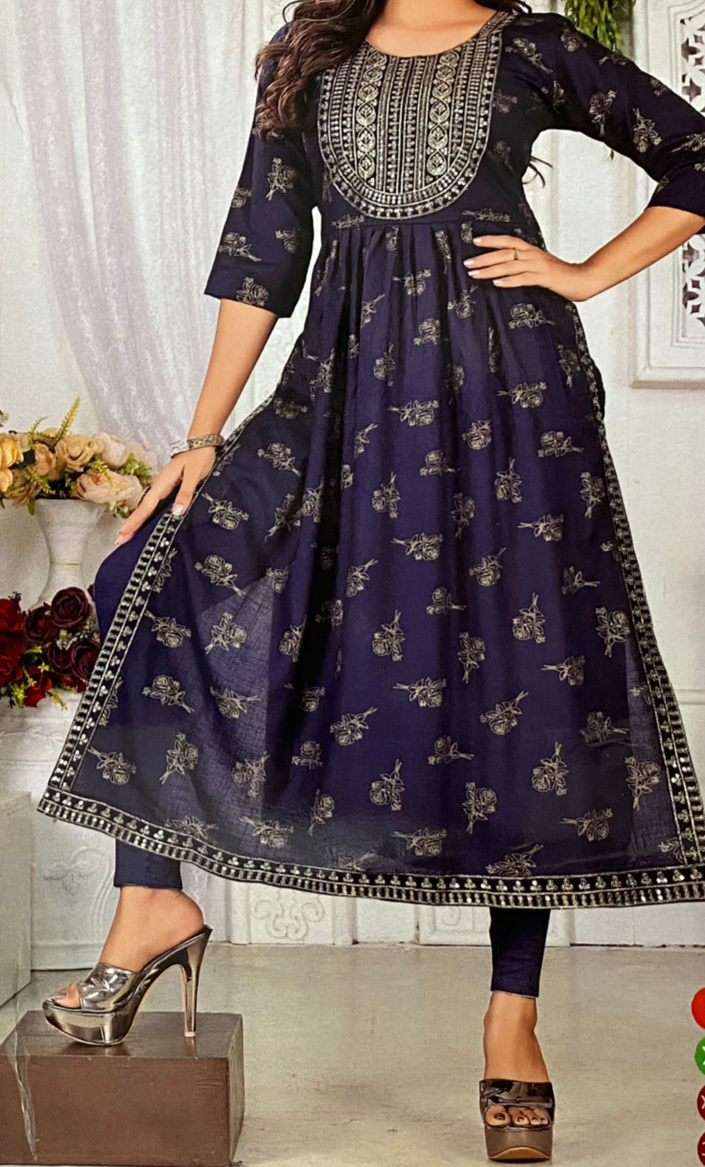 Women's Rayan Long Kurta 3/4 Sleeves Round Neck Regular Fit