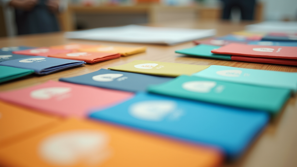 High-angle view of colorful branding materials on a table