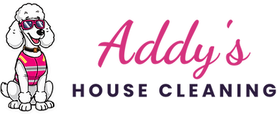 Cartoon dog wearing sunglasses with the text "Addy's House Cleaning" in pink.