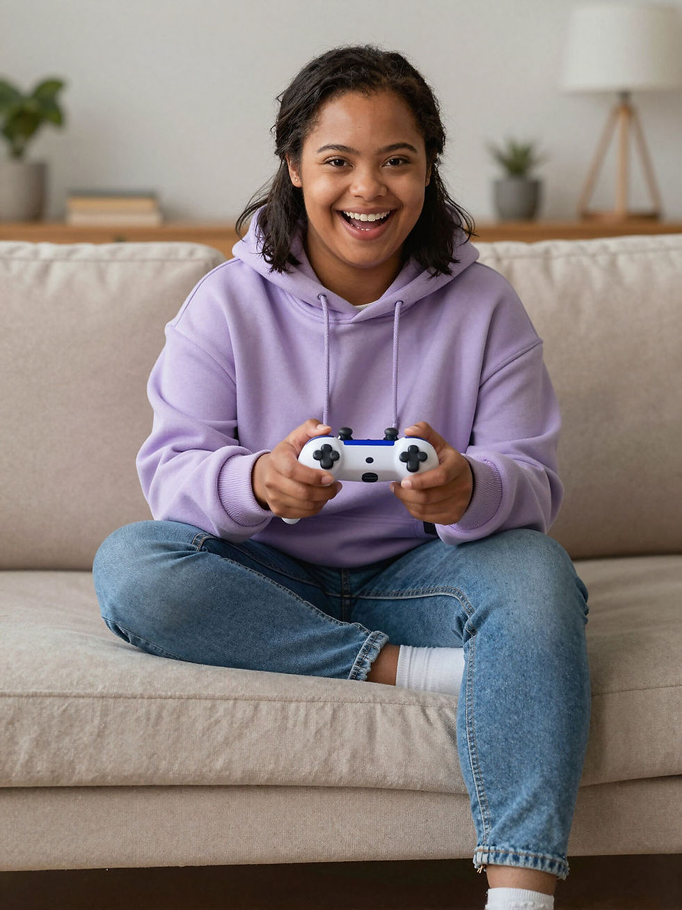 Woman gaming on couch with controller