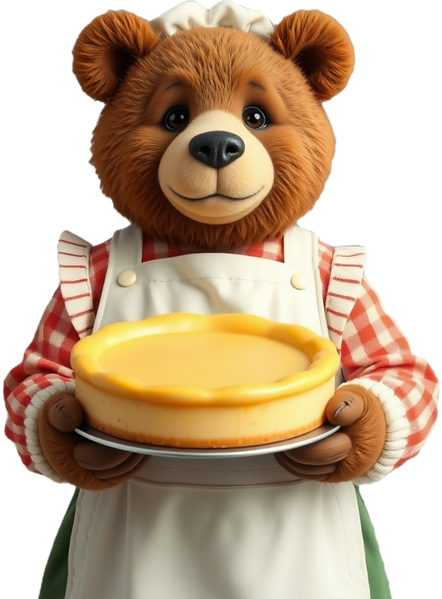 photo realistic Momma Bear wearing an apron and holding a plain Cheesecake_edited.png