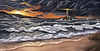 Stormy sunset over ocean waves with a lighthouse on a rocky shore.