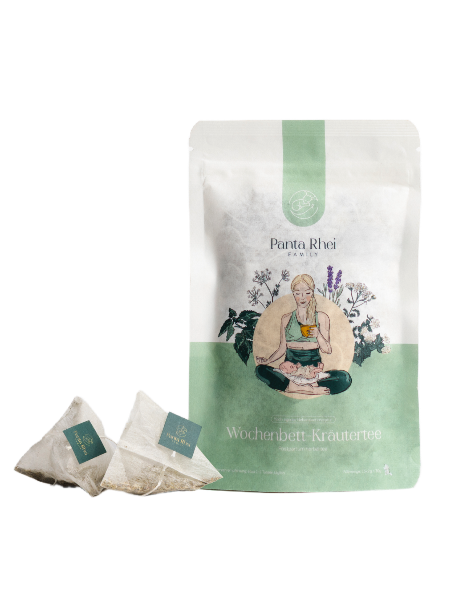 Die Front unseres Wochenbett-Kräutertees auf welchem unsere Kräuter und eine schwangere Frau abgebildet sind, die im Schneidersitz und einer Tasse Tee in der Hand auf dem Boden sitzt 