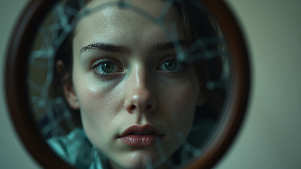 Close-up view of a cracked mirror reflecting a blurred, distorted face